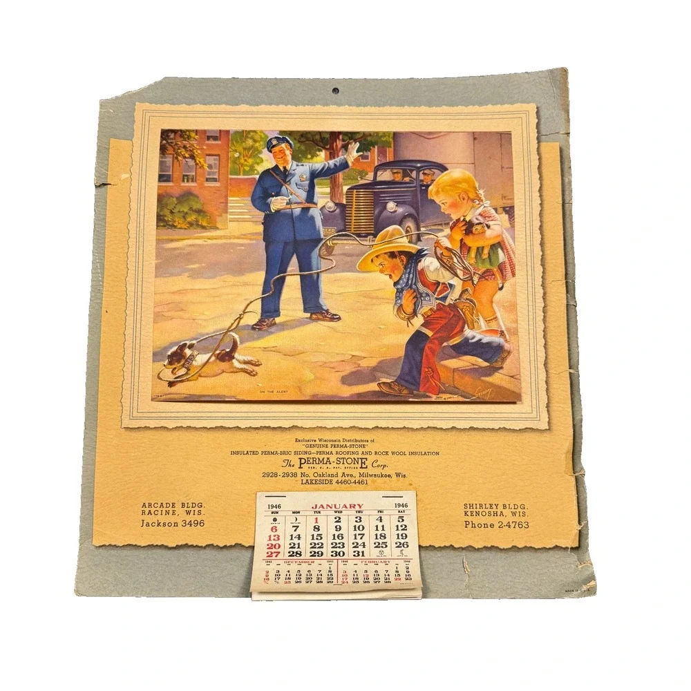 Vintage 1946 On The Alert Perma-Stone Calendar Milwaukee WI RockWool Insulation